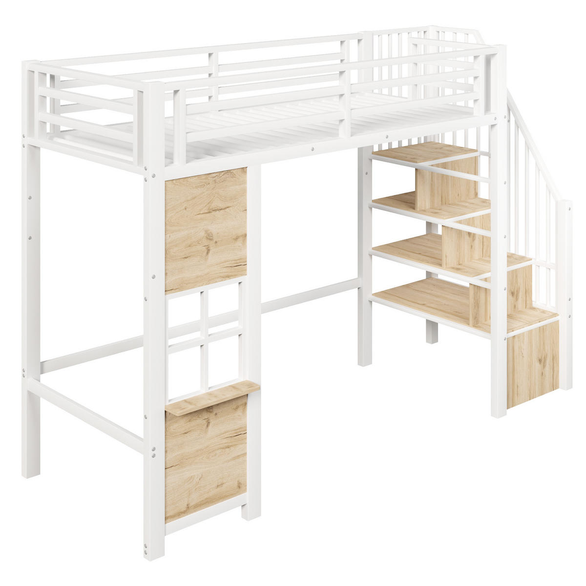 HOCHBETT 90/200 cm Weiß mit Stauraumtreppe und offener Stauraum - Weiß, Metall (90/200cm) - Oxeza