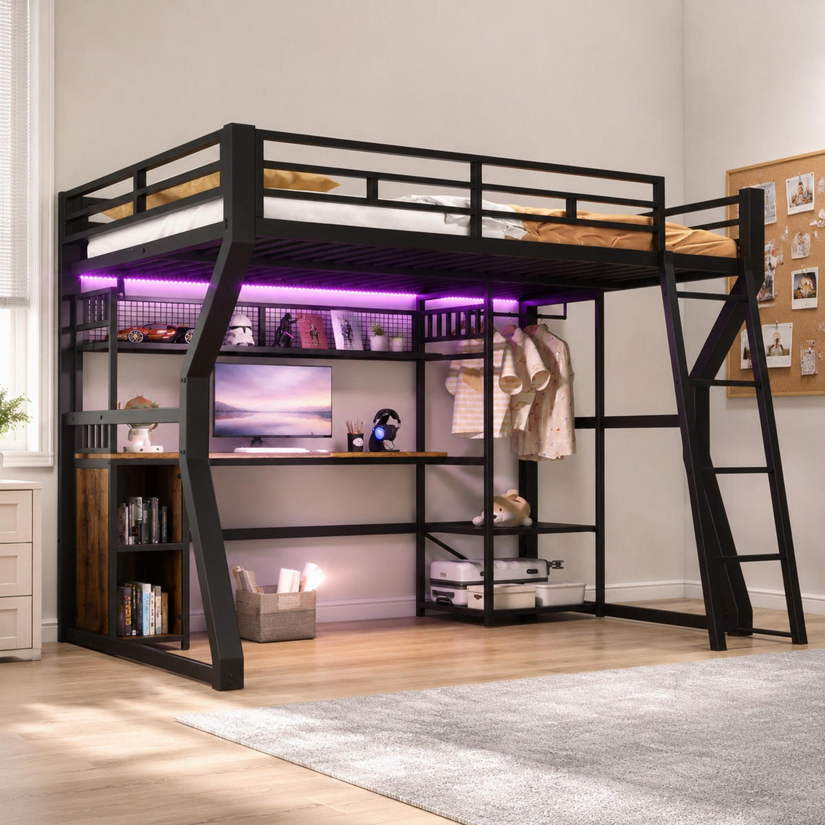 HOCHBETT 140/200 mit LED, Steckdose und Schreibtisch in Schwarz - Schwarz, Holzwerkstoff/Metall (90/200cm) - EVRYAE