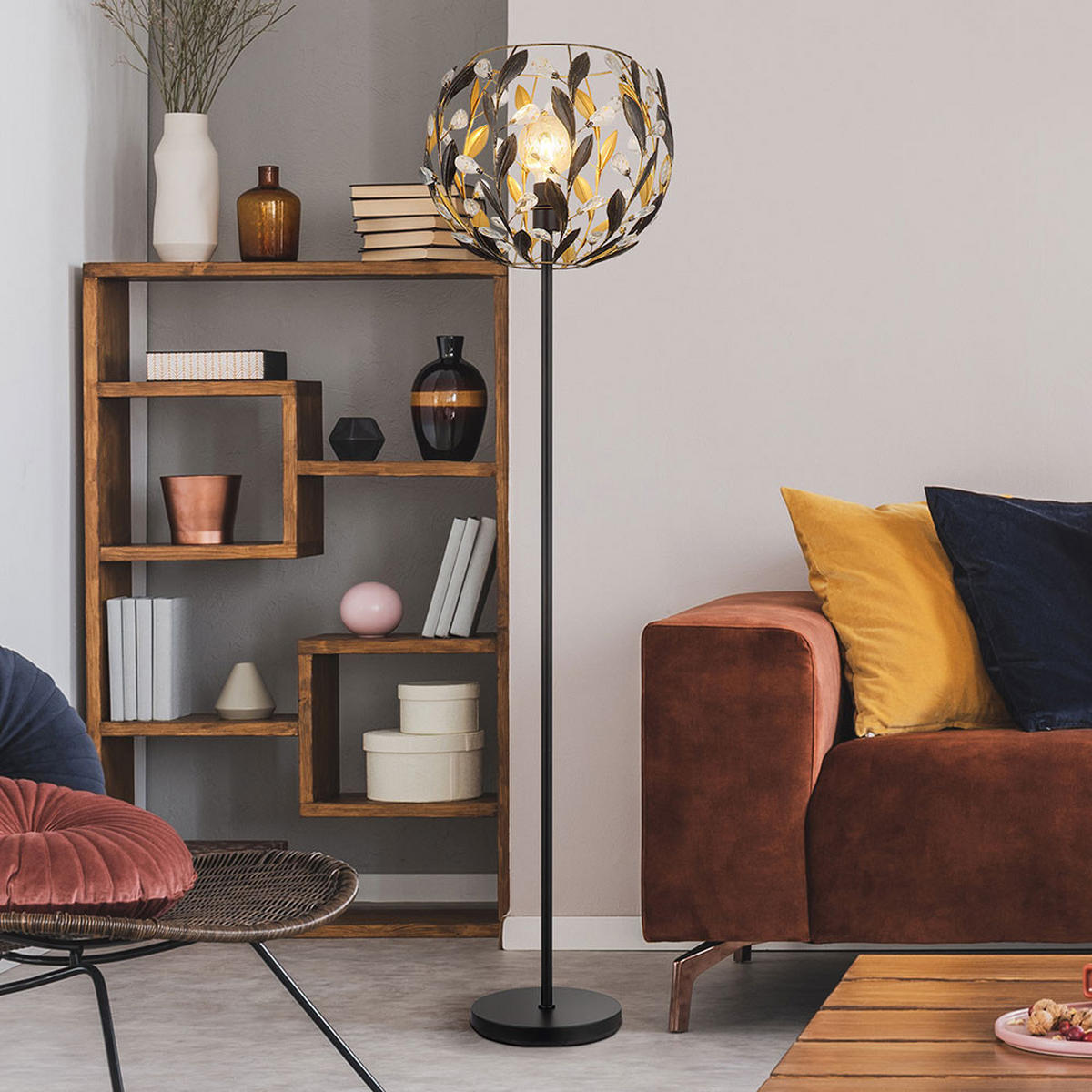 LED STEHLEUCHTE MIKA Schwarz Gold - Schwarz, Metall (40/40/157cm) - Globo Lighting