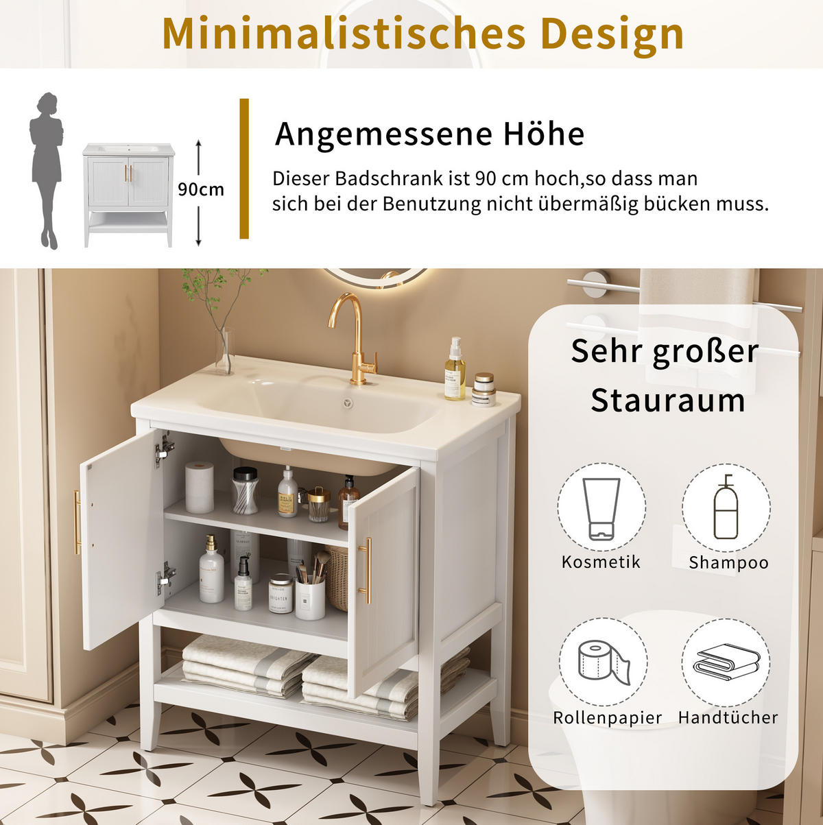 WASCHTISCH mit Unterschrank aus MDF 80x47x89 cm in Weiß, bodenstehend, pflegeleicht und mit Keramikbecken - Weiß, Holzwerkstoff (80/89/47cm) - Modfu