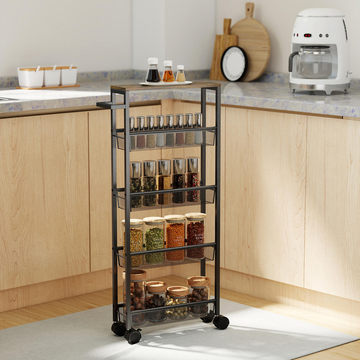 KÜCHENWAGEN Servierwagen mit 5 Ebenen, Rollwagen mit Arbeitsplatte Griff Schwarz - Schwarz, Holzwerkstoff/Metall (13/96.5/47cm) - HOMCOM