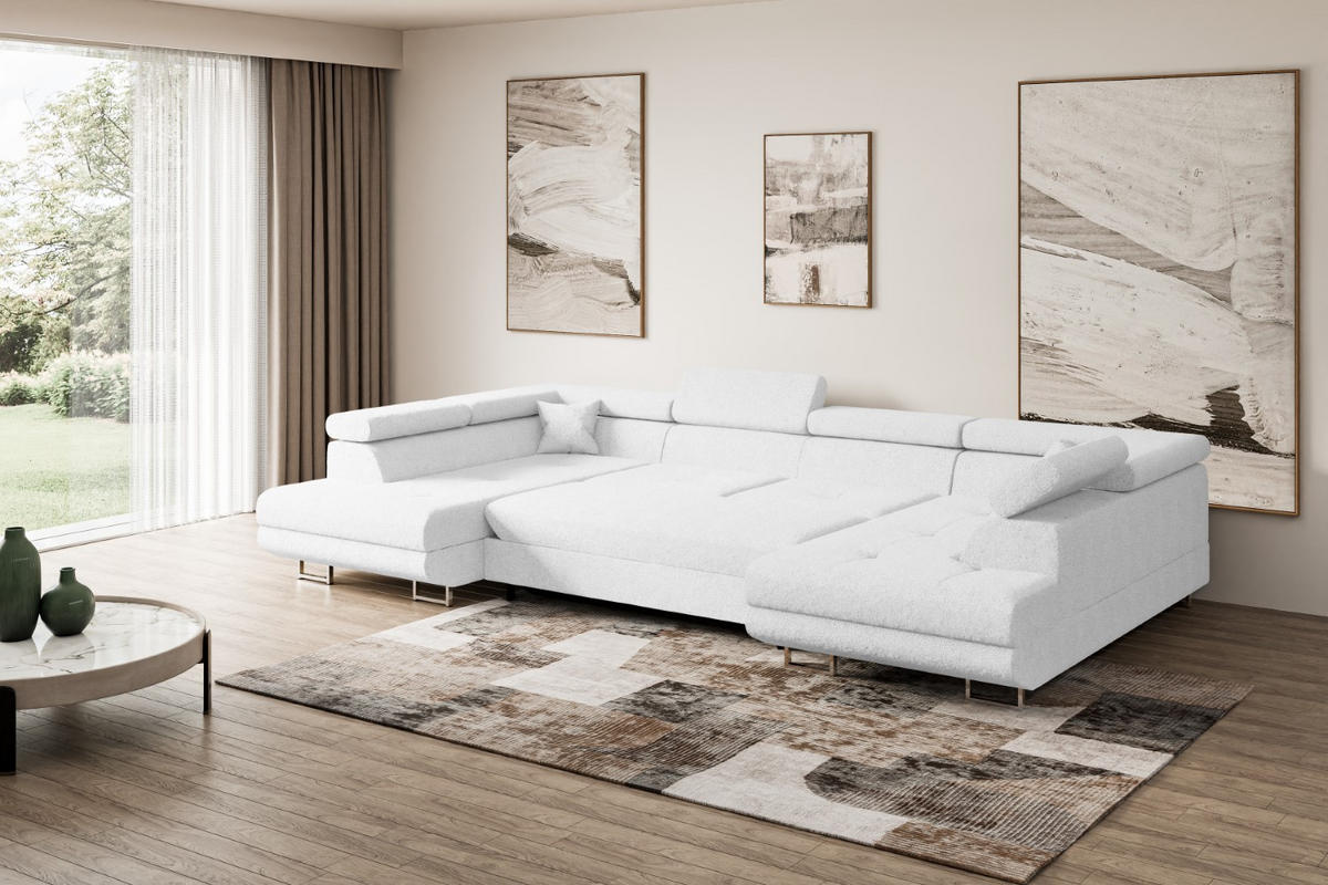 WOHNLANDSCHAFT mit Schlaffunktion und Bettkasten GUSA-U 342x202x107 cm Weiß Bouclé - Silberfarben/Weiß, Holzwerkstoff/Textil (342/107/202cm) - ALTDECOR