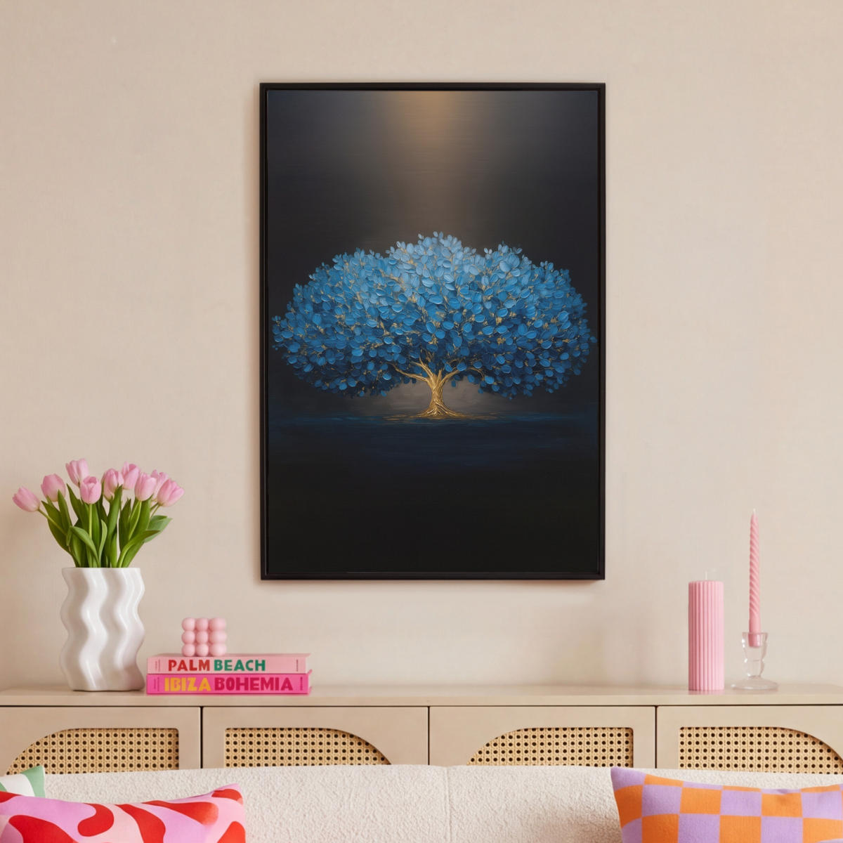 LEINWAND Bilder mit Rahmen - Baum - Blau - Blätter - Pinselstriche - 60x90 - Blau, Textil (60/90cm) - MuchoWow