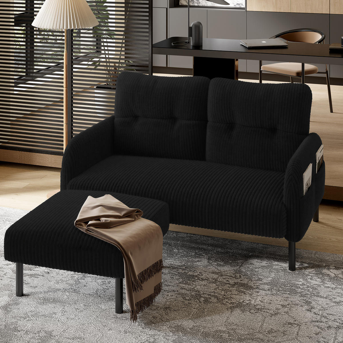 2-SITZER SOFA Cord Schwarz mit Seitentasche - Schwarz, Textil/Metall (120/79/75cm) - WISHDOR
