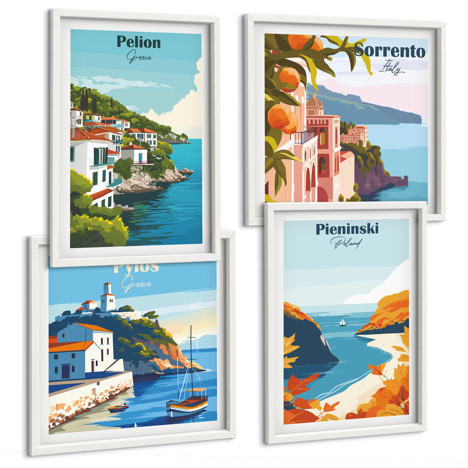 BILDER SET 4er Set - 50x50 cm & 40x60 cm Weißer Rahmen - Retro-Landschaften im malerischen Stil - Weiß, Kunststoff (50/50cm) - TULUP