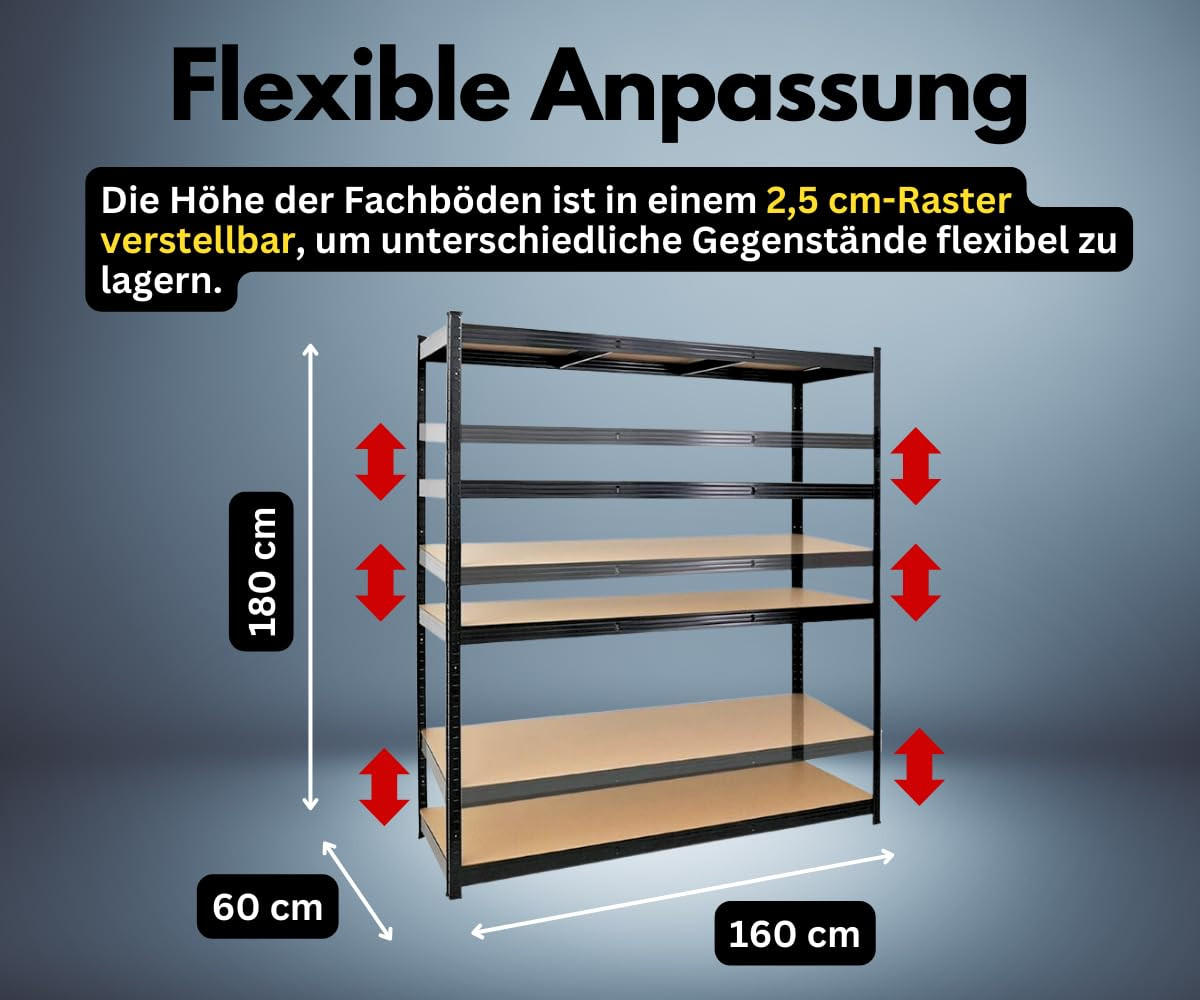 SCHWERLASTREGAL Taurus XL 180x160x60 cm Fachlast 250 kg Schwarz - Schwarz, Metall (160/180/60cm) - PROREGAL
