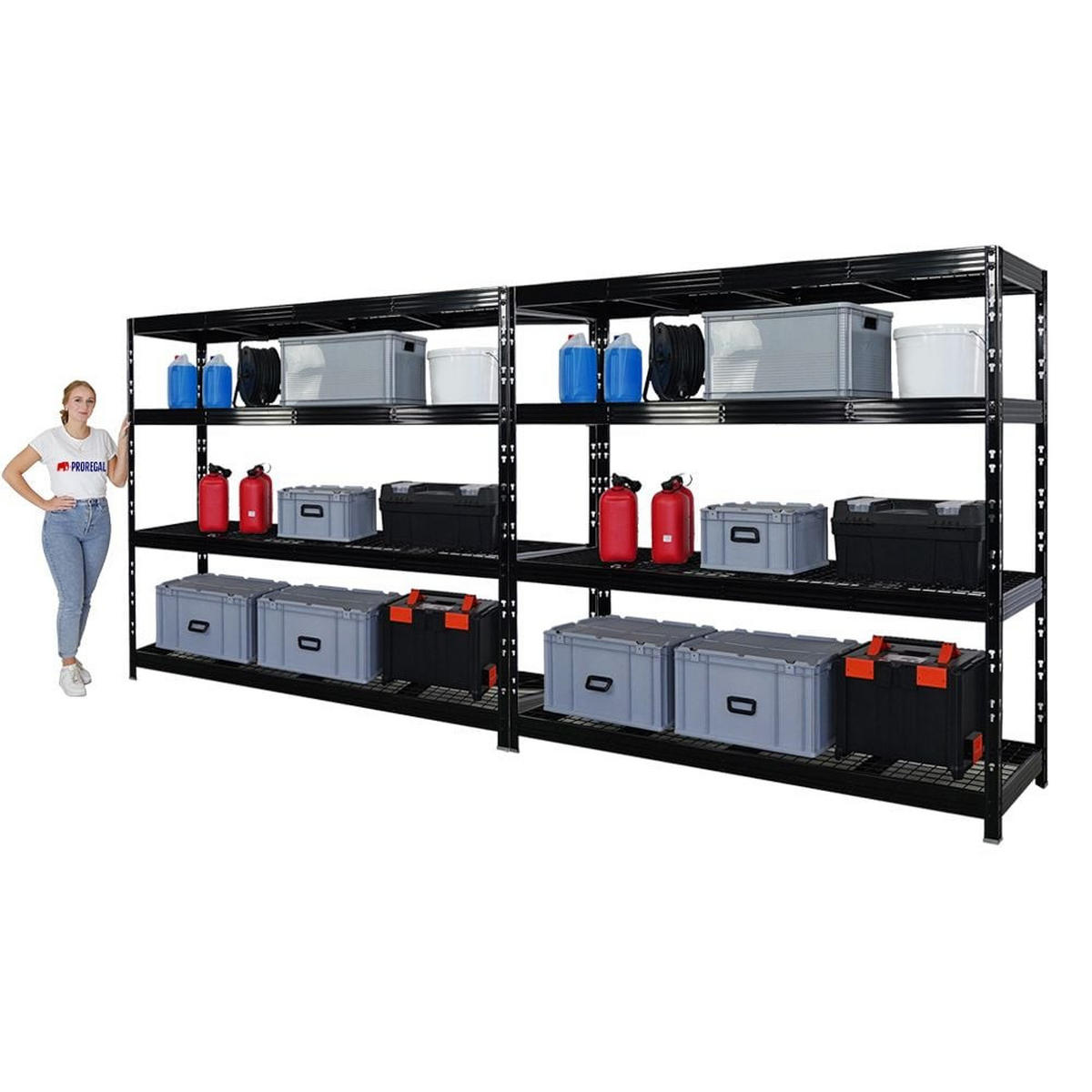 SCHWERLASTREGAL Rhino 2er-Set Stück 180x200x60 cm 4 Gitterrost-Ebenen Fachlast 500 kg Schwarz - Schwarz, Metall (200/180/60cm) - PROREGAL