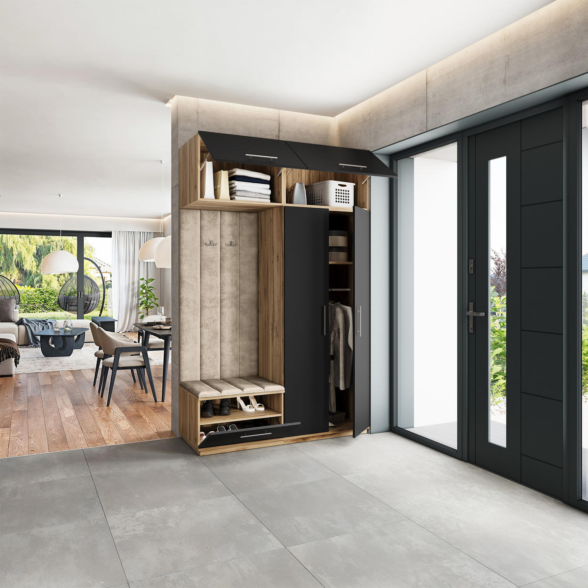 GARDEROBENSCHRANK REMA 150/240/60 cm Modern Eiche Wotan - Eiche Wotan/Schwarz, Holzwerkstoff (150/240/60cm) - MASSENO