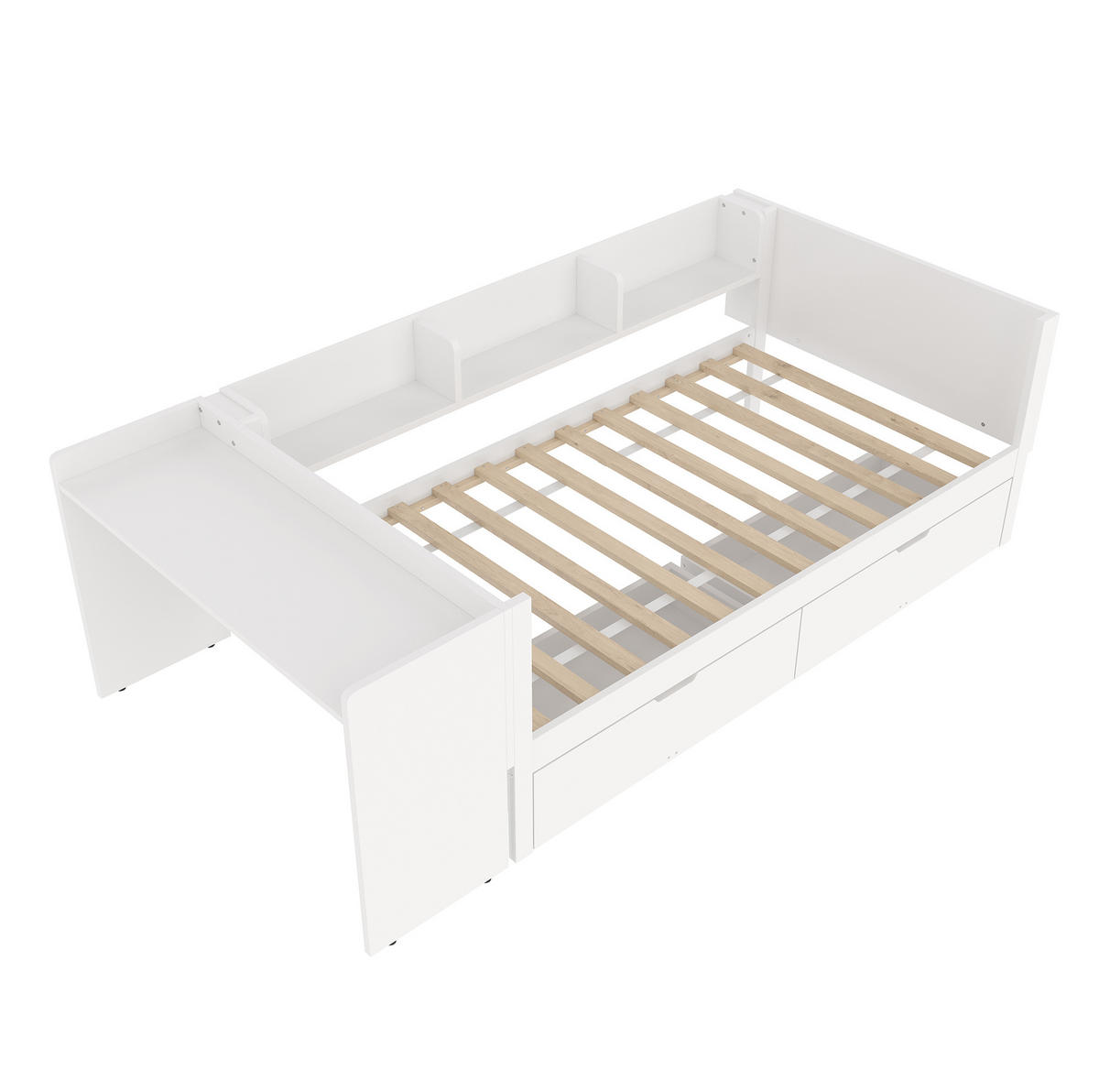 KINDERBETT 90/200 cm Weiß aus Kiefern mit Schreibtisch, 2 Schubladen und Regalen - Weiß, Holz (90/200cm) - OKMYHOME