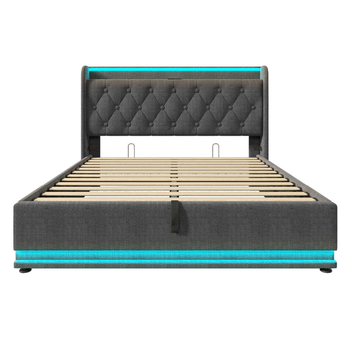 BETT mit Stauraum und LED 140x190 cm Leinen Grau - Grau, Metall (140/190cm) - Meubliv