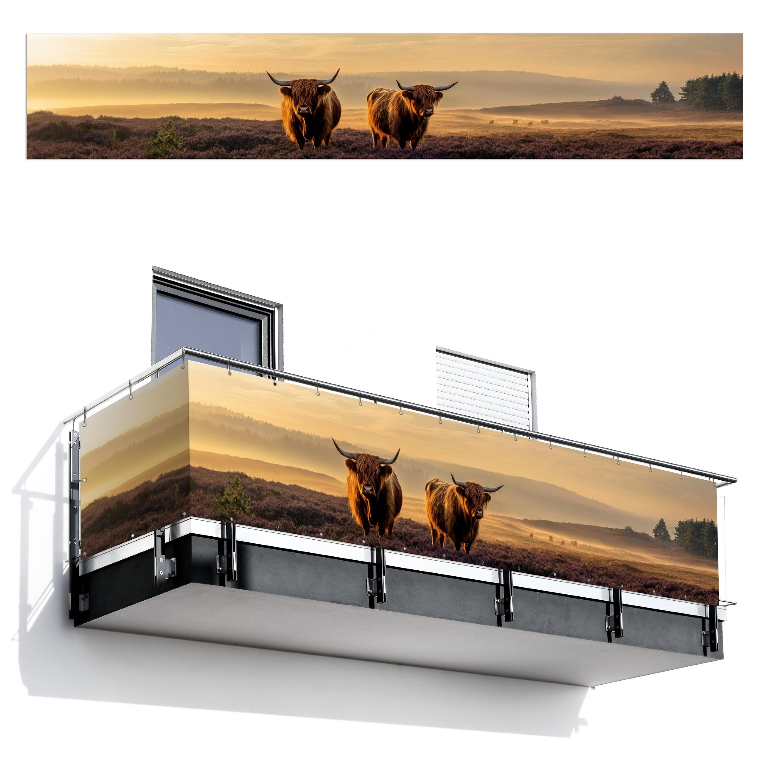 BALKON-SICHTSCHUTZ Schottische Hochlandbewohner - Heide - Landschaft - Tiere - Cognac, Kunststoff (500/85cm) - MuchoWow