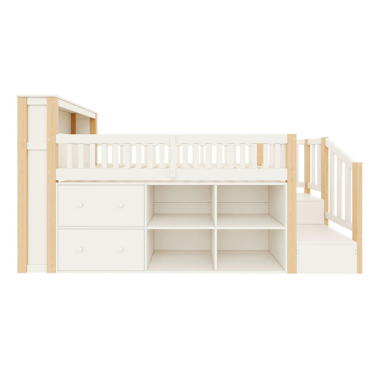 HALBHOHES Bett aus Kiefernholz und MDF 90x200 cm Natur mit Stauraum, LED-Beleuchtung und USB-Anschlüssen - Naturfarben, Holzwerkstoff (90/200cm) - IVMEU