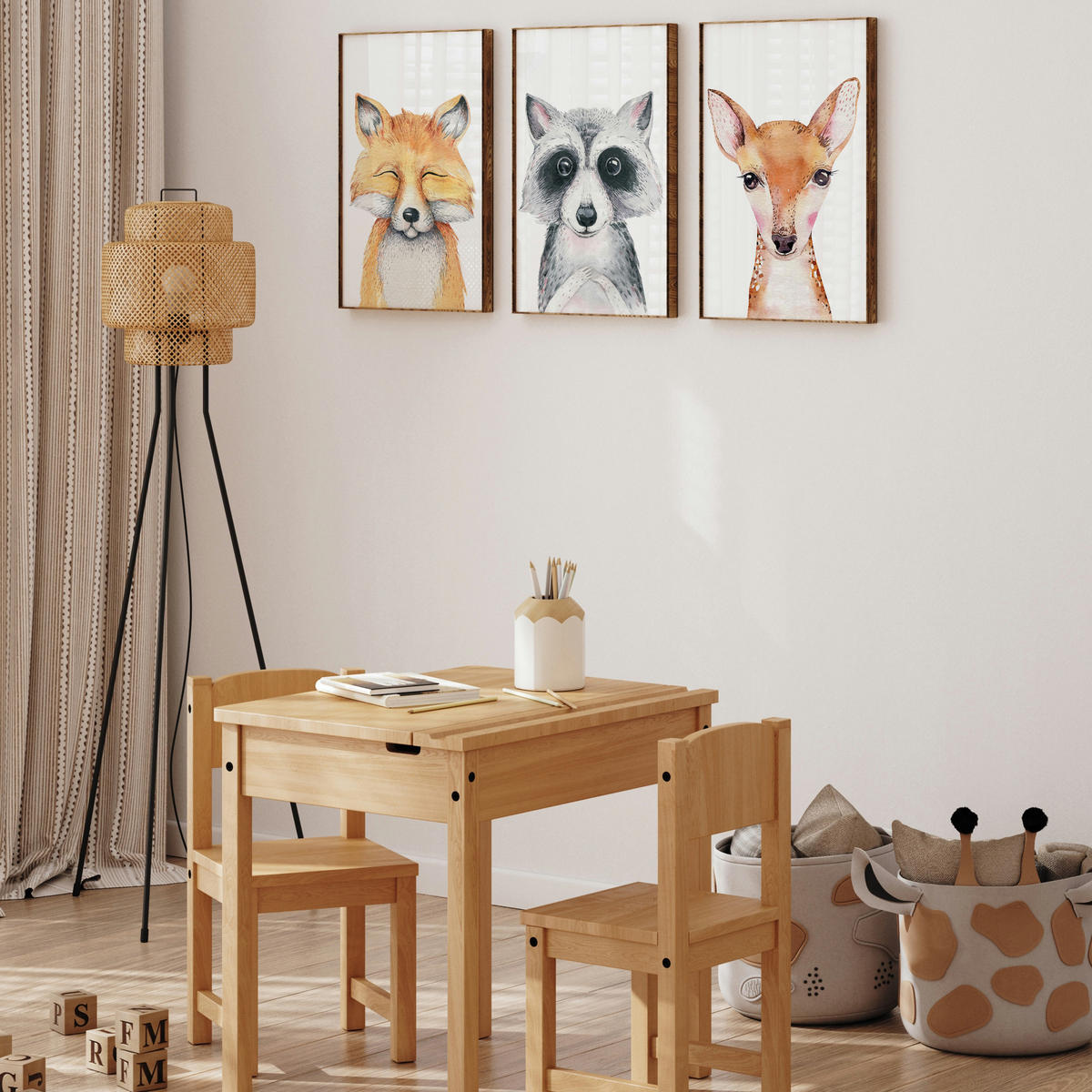 POSTER SET ohne Rahmen für Kinderzimmer WALDTIERE Fuchs Waschbär Reh A4 21x30cm - Beige/Orange, Papier (21/30/1cm) - Muralo
