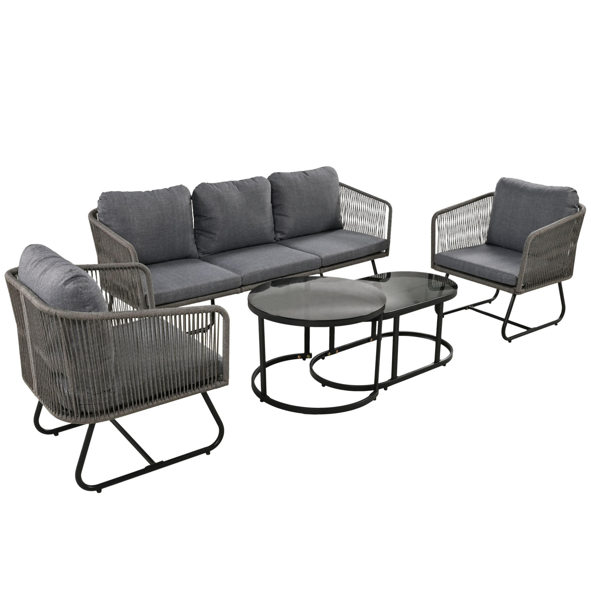 GARTEN-LOUNGE-SET 166/60/76 cm mit 3-Sitzer, 2 Sesseln, 2 Tischen aus Eisen, Seil und Glas, Grau - Grau, Metall - Redom