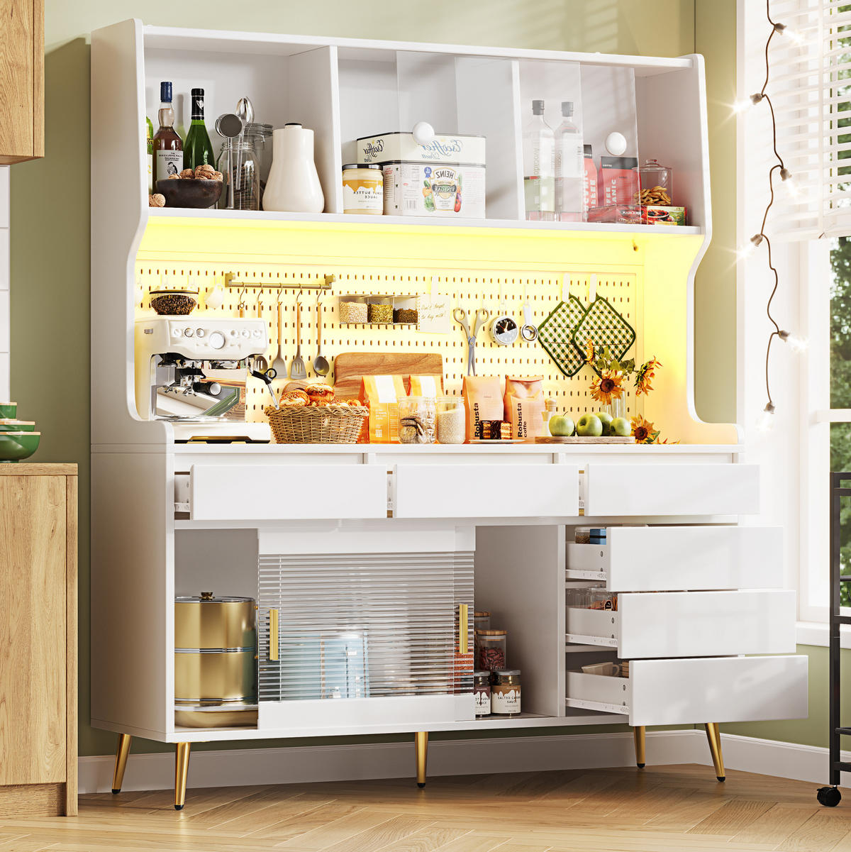 BUFFET 145/171/39 cm Weiß aus MDF und Glas mit LED-Beleuchtung - Weiß, Holzwerkstoff (39/171/145cm) - OKMYHOME