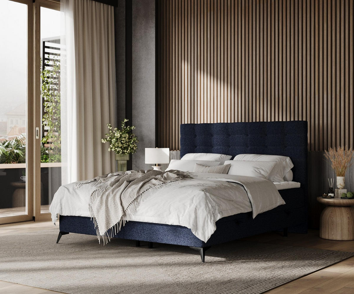 BOXBETT Niro 140/200 cm Marineblau im Riva Stoff - Schwarz/Dunkelblau, Holz/Holzwerkstoff (140/200cm) - AltaBeds