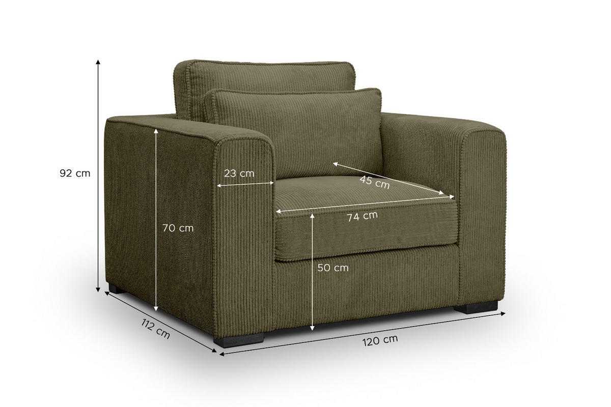 SESSEL khaki Cord, Loungesessel 120 cm, Wohnzimmersessel mit Wellenfederung - Dunkelgrün/Schwarz, Holzwerkstoff/Kunststoff (120/92/112cm) - Inn.Furn