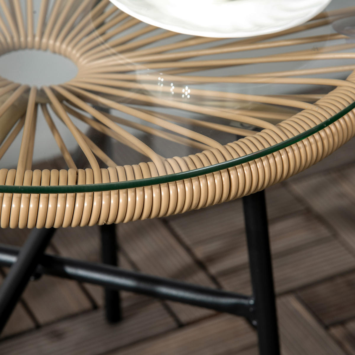BEISTELLTISCH 50/50/50 cm mit gehärteter Glasplatte und PE-Rattan-Geflecht im Boho-Stil, Beige - Beige, Glas (50/50/50cm) - Redom