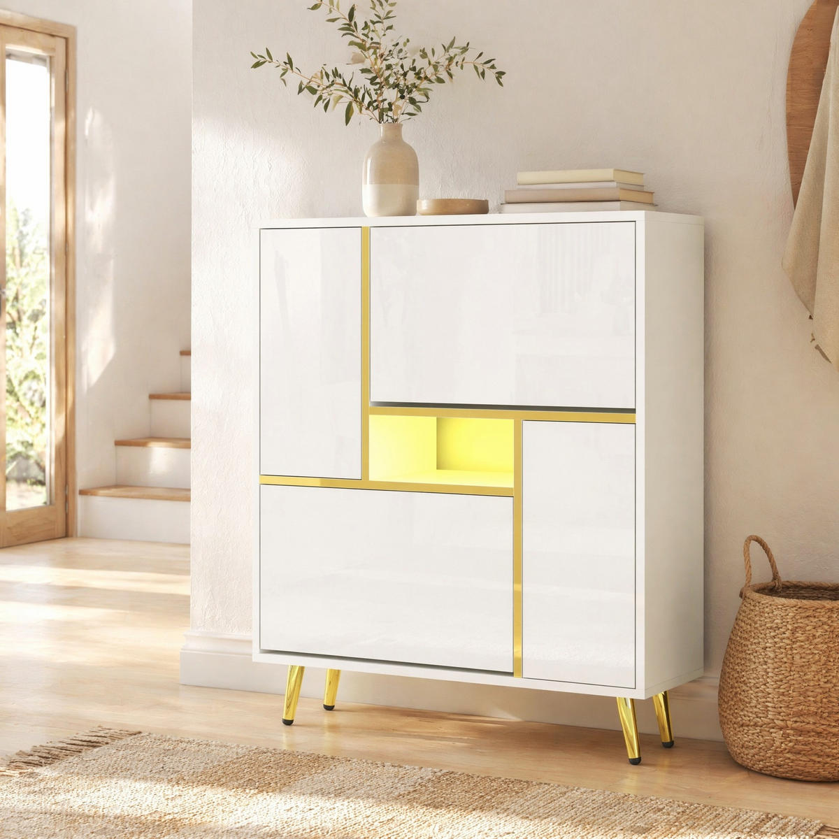 SCHUHSCHRANK in Weiß Hochglanz Schuhkipper mit LED-Licht für Eingangsbereiche und Flur, B80/T25/H96 cm - Goldfarben/Weiß, Holzwerkstoff/Metall (80/96/25cm) - STILVORA