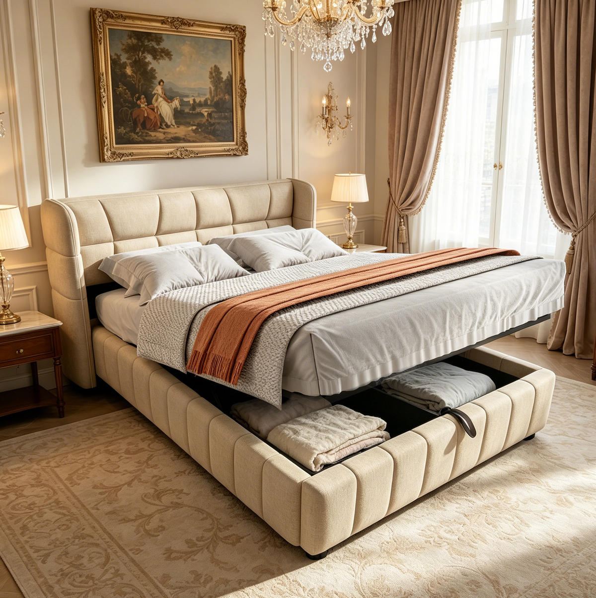 POLSTERBETT 140/200 cm aus Stoff mit Stauraum und gepolstertem Kopfteil Beige - Beige, Textil (140/200cm) - Modenvie