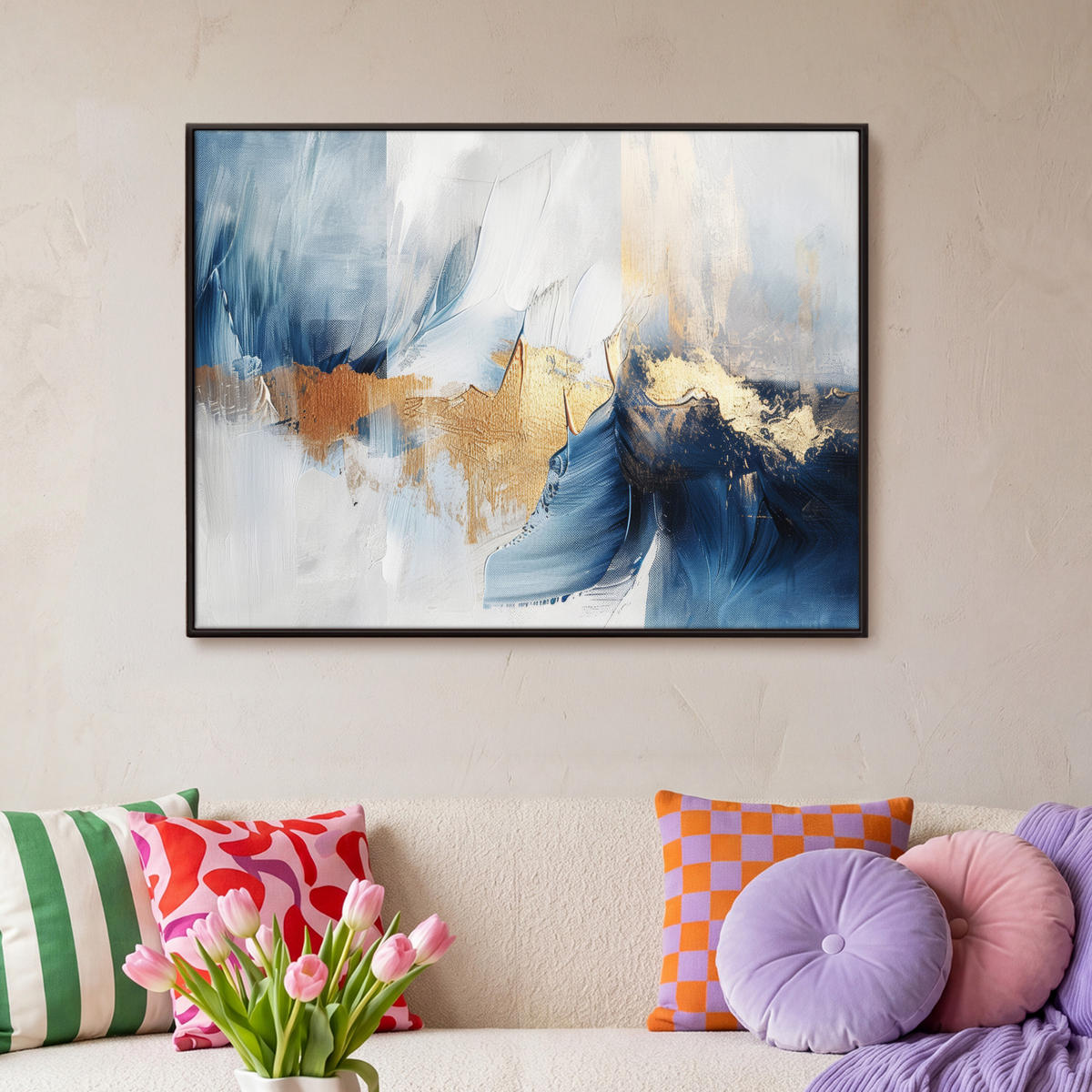 LEINWAND Bilder mit Rahmen - Gold - Blau - Aquarell - Kunst - Modern - 100x70 - Hellblau, Textil (100/70cm) - MuchoWow