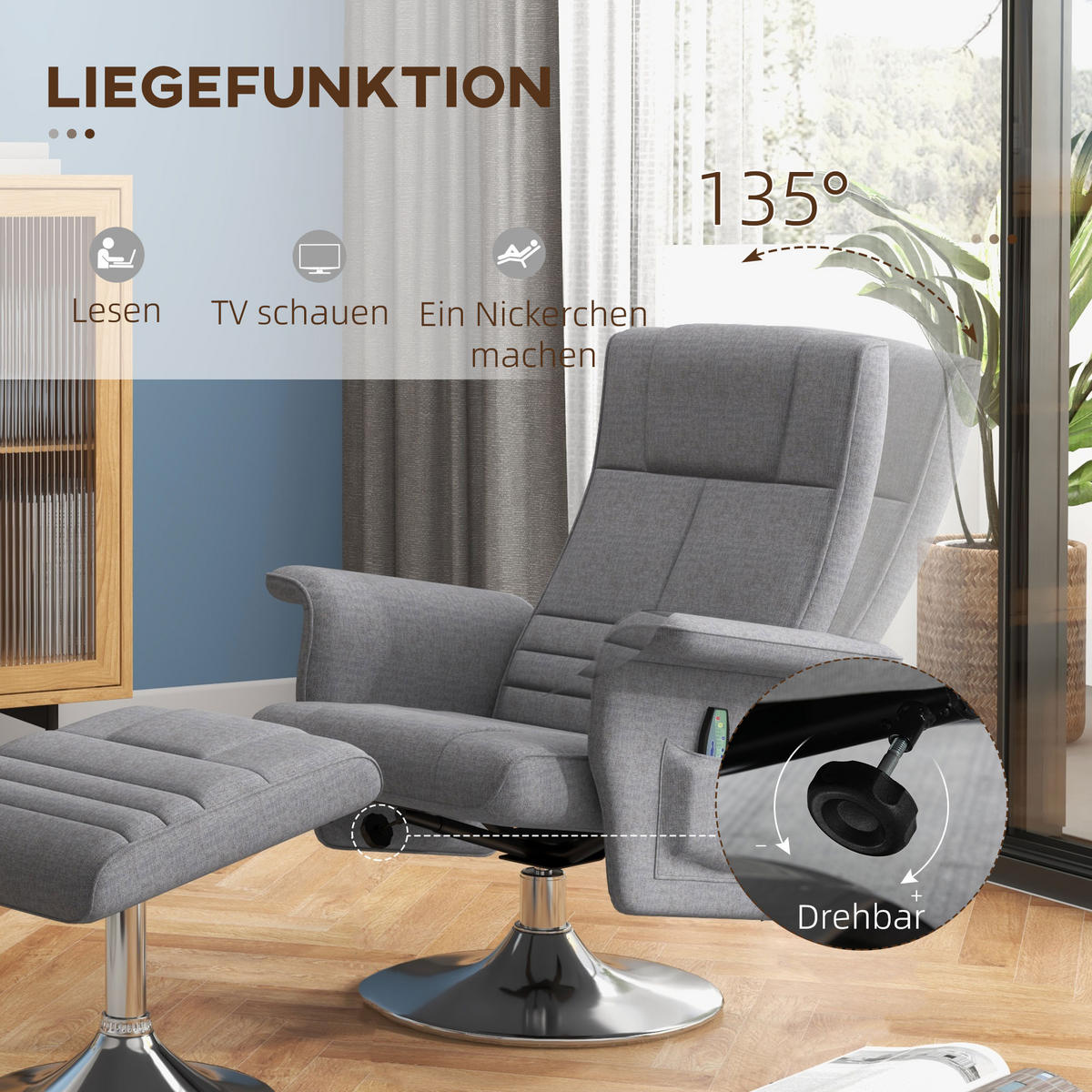 MASSAGESESSEL mit Fußhocker, Elektrischer Relaxsessel mit Liegefunktion Stahl - Dunkelgrau, Kunststoff (95/88/78cm) - HOMCOM
