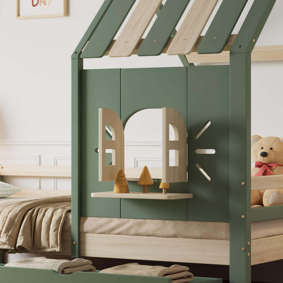 HAUSBETT 90/200 mit Dach, Fenstern und 2 Schubladen in Grün und Natur - Grün, Holzwerkstoff (90/200cm) - EVRYAE
