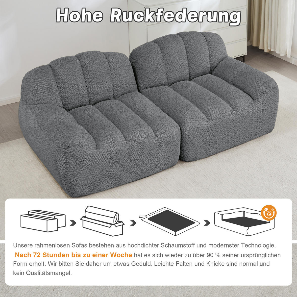 2-SITZER SOFA aus granuliertem Fleece, frameless in Muschelform ohne Montage - Grau, Textil (210/79/104cm) - Urban Meuble