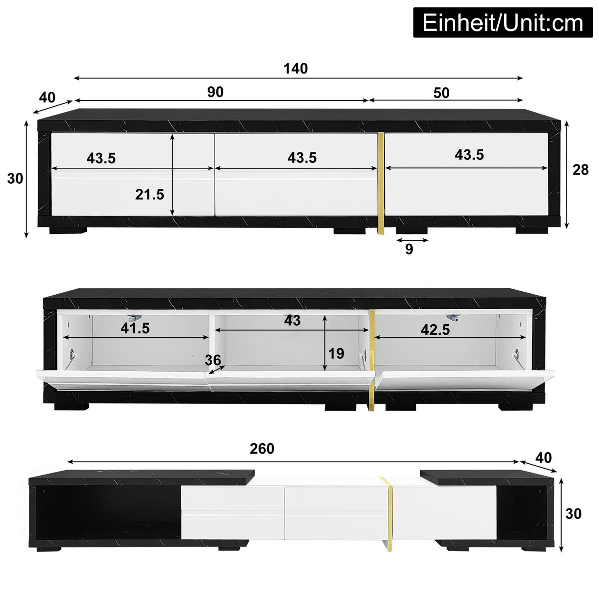 TV-SCHRANK mit variabler Länge 140-260 cm Weiß/Schwarz - Weiß, Holzwerkstoff (40/30/260cm) - Beauniv