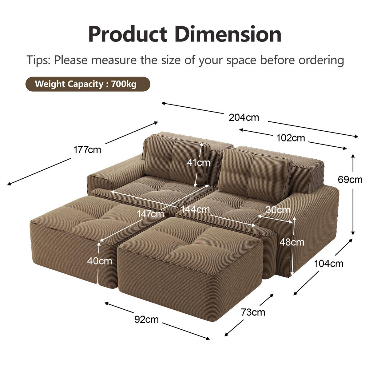 2-SITZER SOFA Cord Braun mit Ottoman - Braun, Textil (204/69/177cm) - WISHDOR