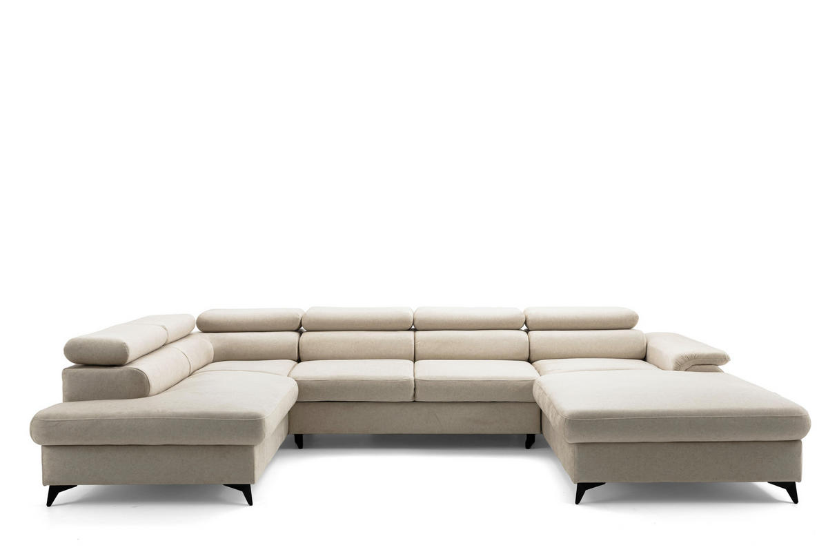 ECKSOFA U-Form PLAZA U Rechts mit Schlaffunktion 125x256 Velours Beige - Beige/Schwarz, Holz/Kunststoff (210/95/350cm) - Muffo