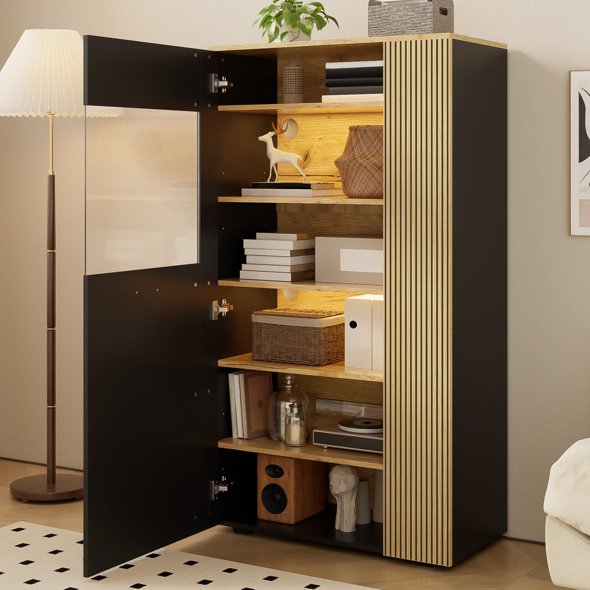 SCHUHSCHRANK 80/40/146 cm in Schwarz/Natur mit LED-Beleuchtung und Glastür - Schwarz, Holzwerkstoff (80/146/40cm) - Flora Grace