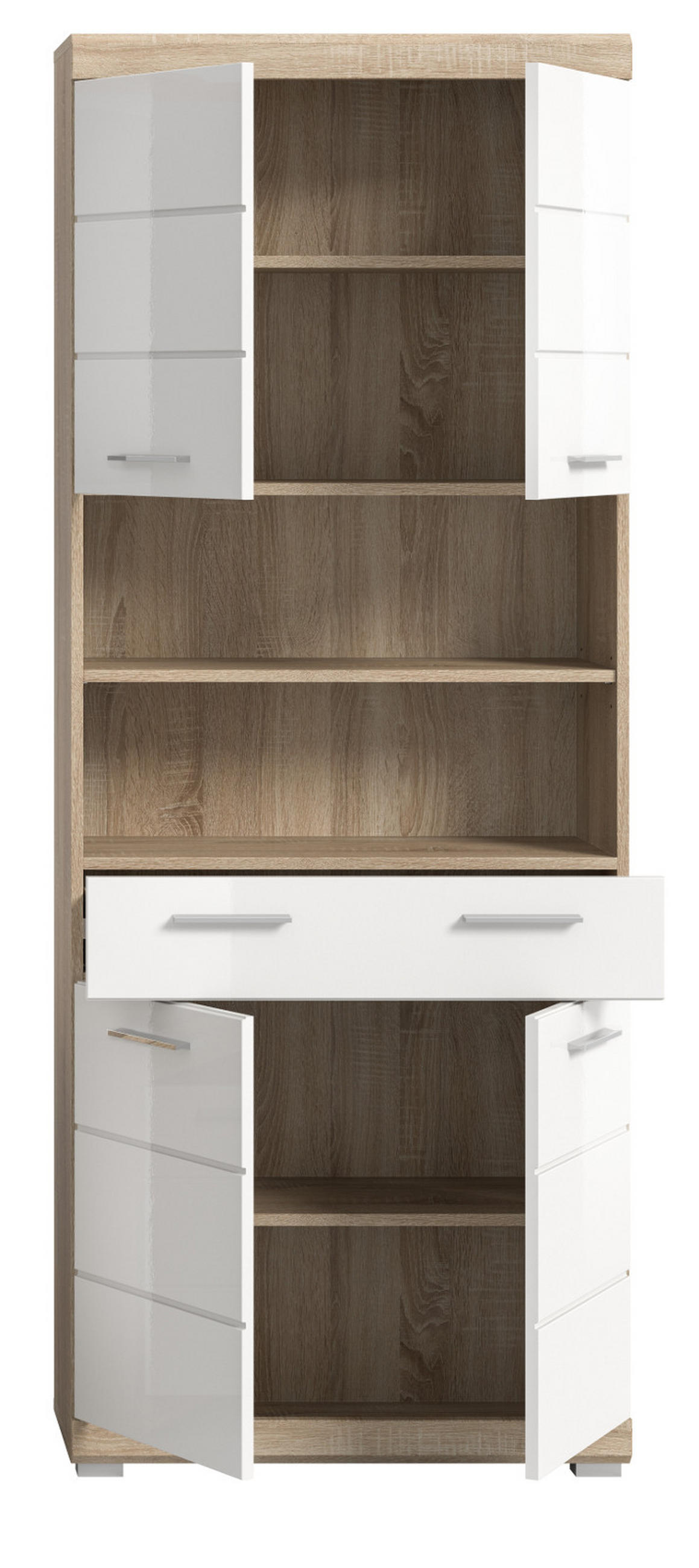 HOCHSCHRANK weiß Hochglanz, Eiche 74 x 191 cm, Badschrank mit viel Stauraum - Weiß Hochglanz/Eichefarben, Holzwerkstoff/Kunststoff (74/191/31cm) - Inn.Furn