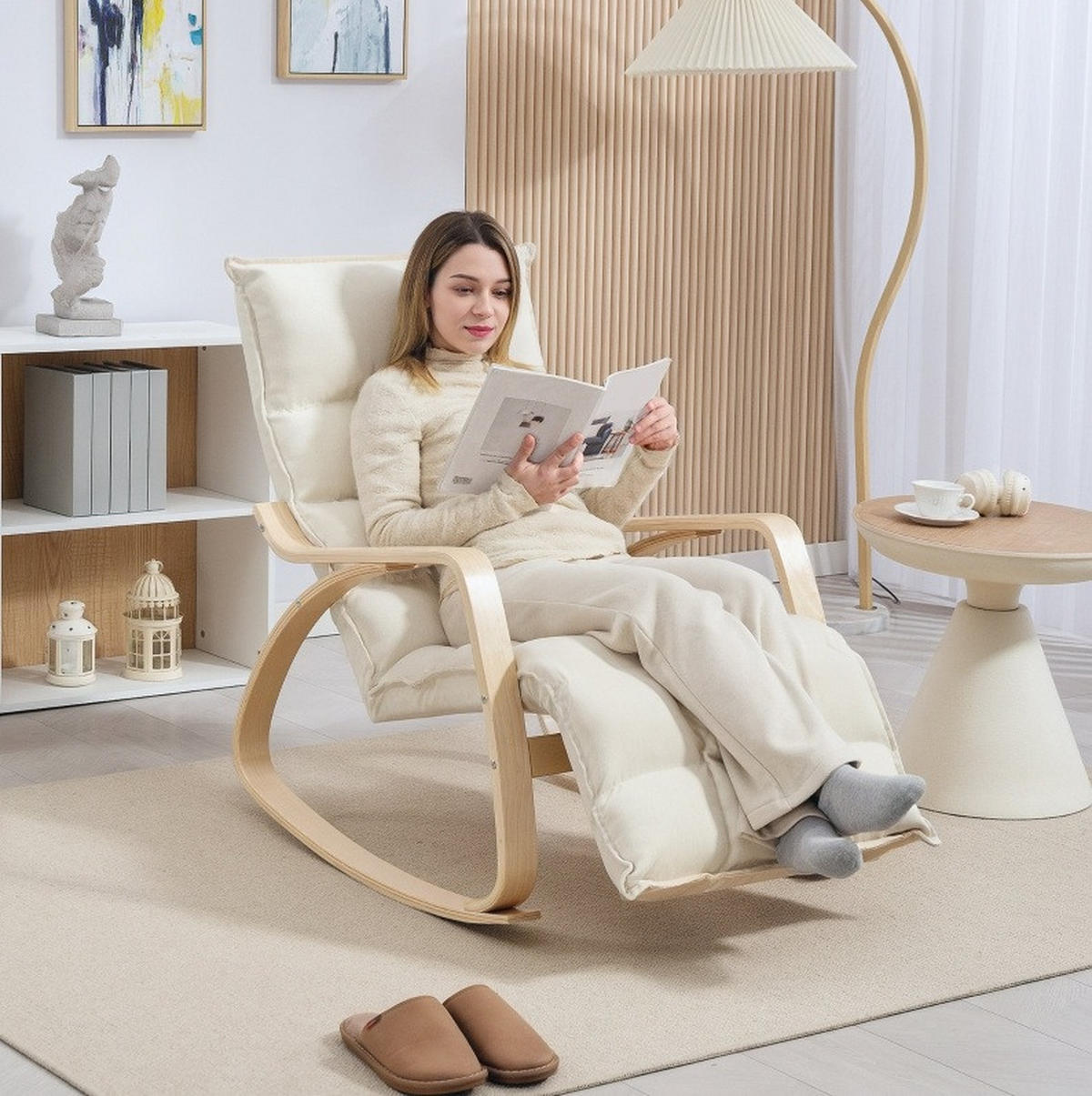 RELAX-SCHAUKELSTUHL 67/106-123/92 cm mit Fußstütze und Polsterung in Cremeweiß - Creme, Textil (67/92/106cm) - BEAOK