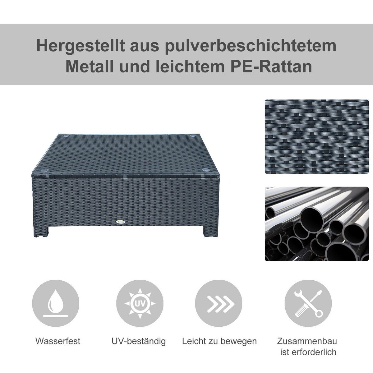 COUCHTISCH, Schwarz, Metall, PE-Rattan, Gehärtetes Glas - Schwarz, Kunststoff (85/50/39cm) - Outsunny