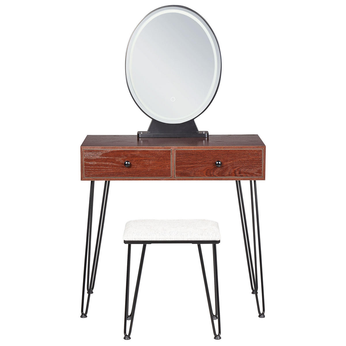 SCHMINKTISCH mit ovalem LED-Spiegel Hocker 2 Schubladen dunkler Holzfarbton/schwarz Loix - Dunkelbraun/Schwarz, Holzwerkstoff (80/137/40cm) - Beliani