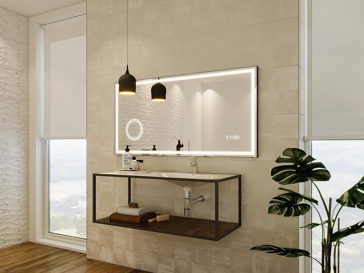 BADEZIMMERSPIEGEL rechteckig mit Digitaluhr beleuchtet - 120 x 60 cm - AITANA - Schwarz, Glas (120/60/4.05cm) - Vente-Unique