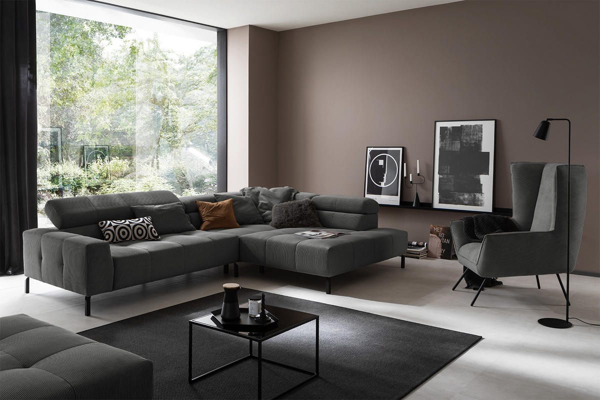 ECKSOFA MIT MOTORISCHEM SITZVORZUG OHIO Anthrazit Cord - Anthrazit/Schwarz, Textil/Metall (311/219cm) - KAWOLA