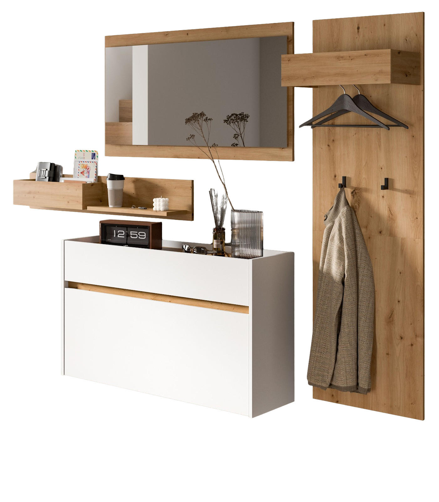 GARDEROBE-SET weiß und Artisan Eiche, Garderobe 4-teilig, 205 x 192 cm, Borga - Weiß/Eiche Artisan, Holzwerkstoff (205/192/32cm) - Inn.Furn
