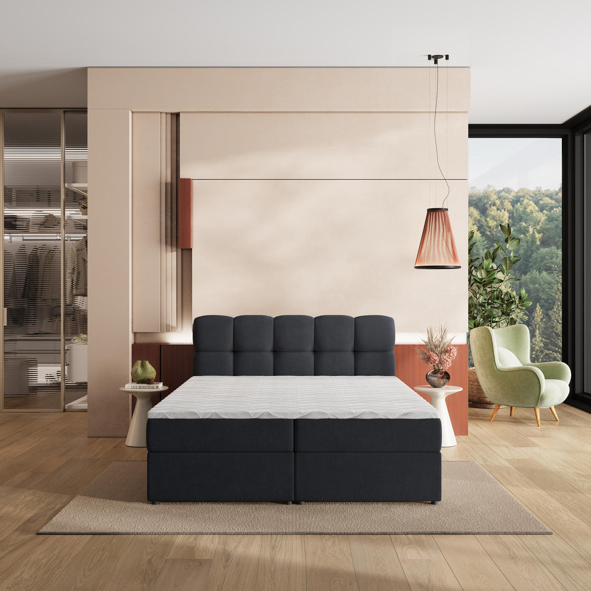 BOXBETT MERU 200x200 cm mit Matratze und Topper, H2+H3 - Schwarz - Schwarz, Holz (200/200cm) - MASSENO