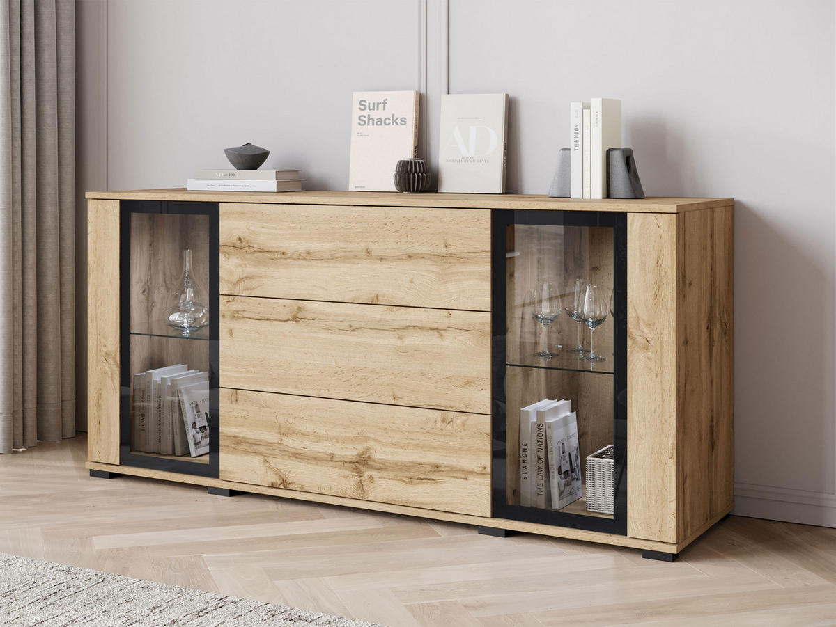 SIDEBOARD Caro SB 150 2D3S mit weißer LED Beleuchtung - Eiche Wotan/Schwarz, Holzwerkstoff/Kunststoff (150/70/40cm) - MIRJAN24