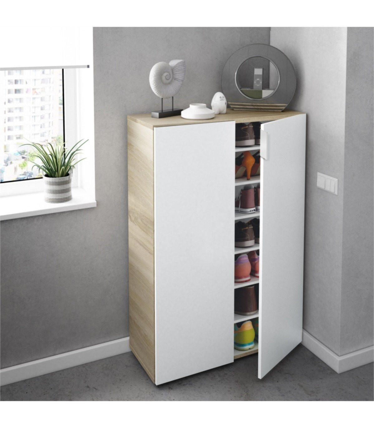 SCHUHMÖBEL mit 2 Türen (28 Paar) L72 x H103 cm - Star Plus - Apfelbaumfarben, Holzwerkstoff (36/103/72cm) - Calicosy