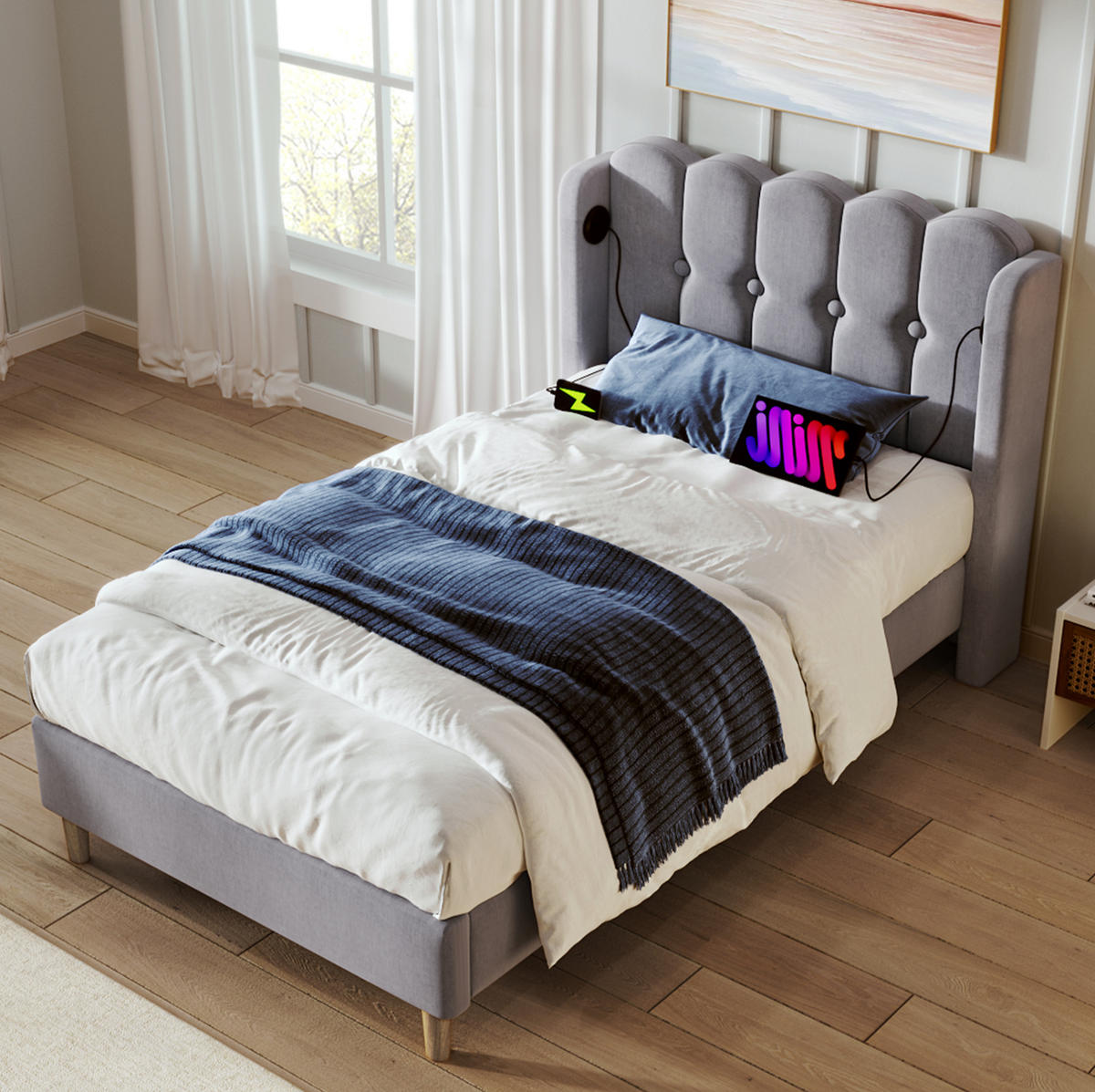 POLSTERBETT 90/200 cm Grau mit Matratze und USB- und Type-C-Anschlüssen - Grau, Textil (90/200cm) - Flora Grace