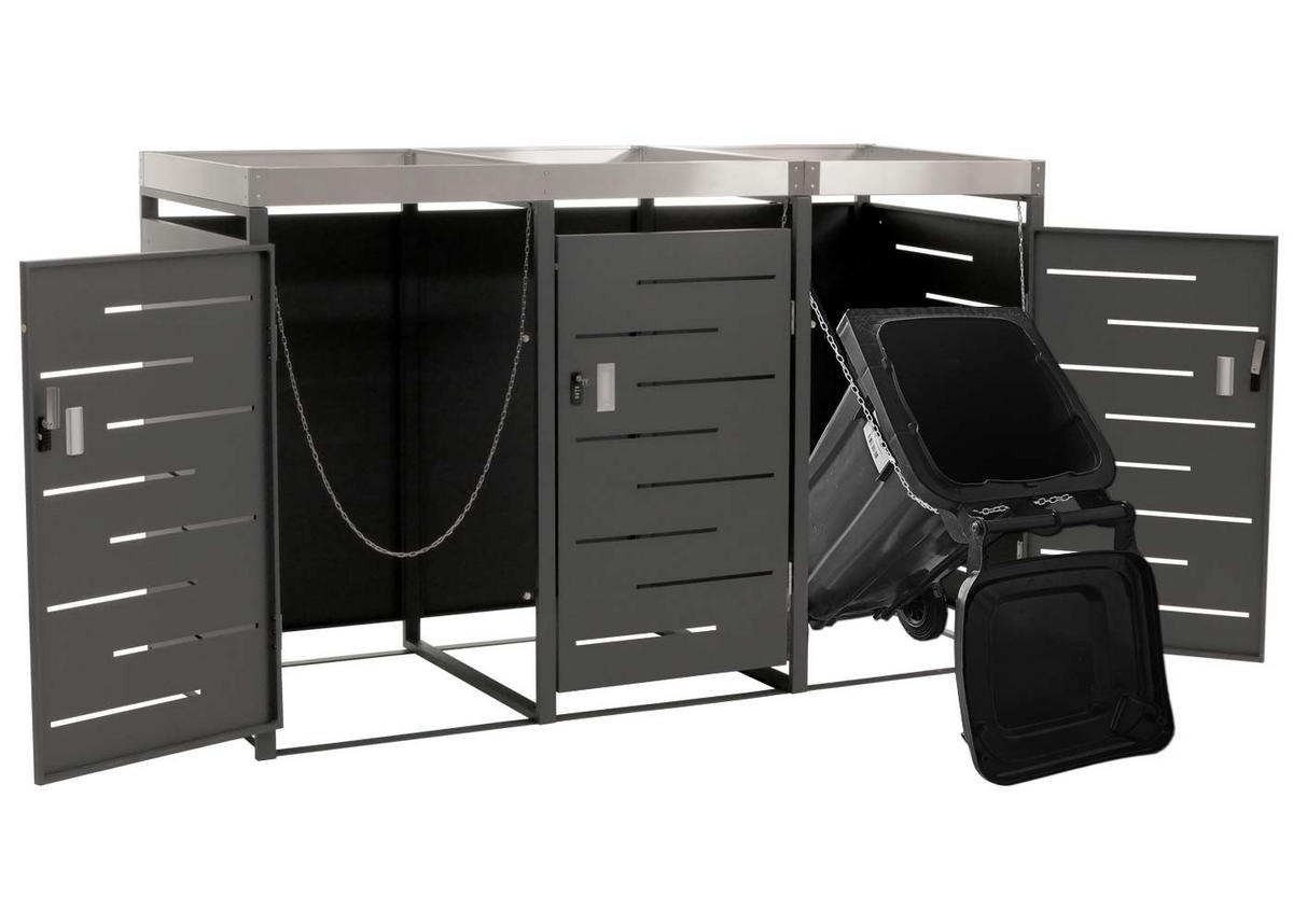 MÜLLTONNENBOX 3er 125x198x84cm 80-240 Liter - Anthrazit, Metall (198/125/84cm) - PROREGAL