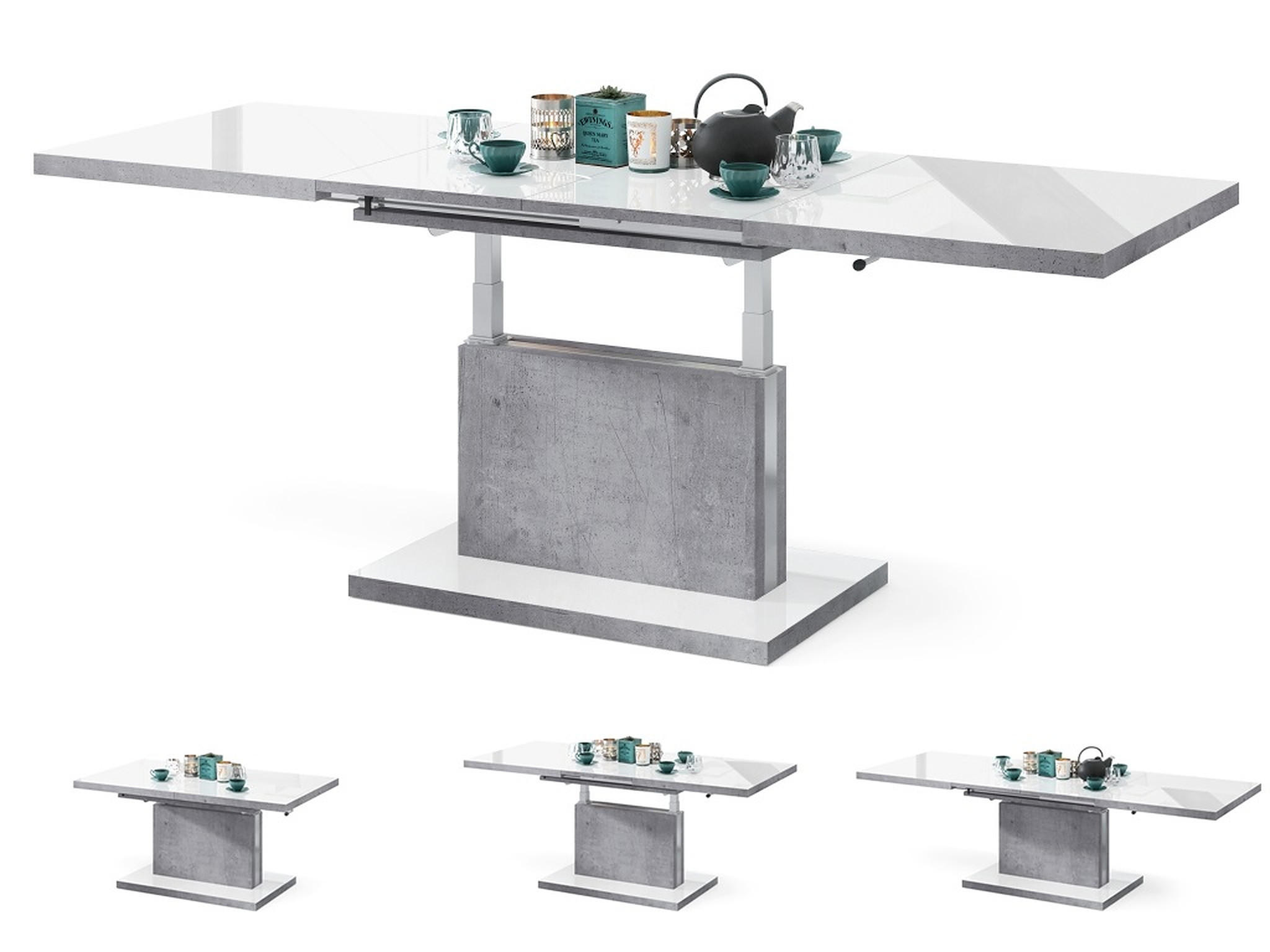 COUCHTISCH rechteckig Weiß Hochglanz - Beton ausziehbar höhenverstellbar - Weiß Hochglanz/Hellgrau, Holzwerkstoff (70/120/56cm) - designimpex