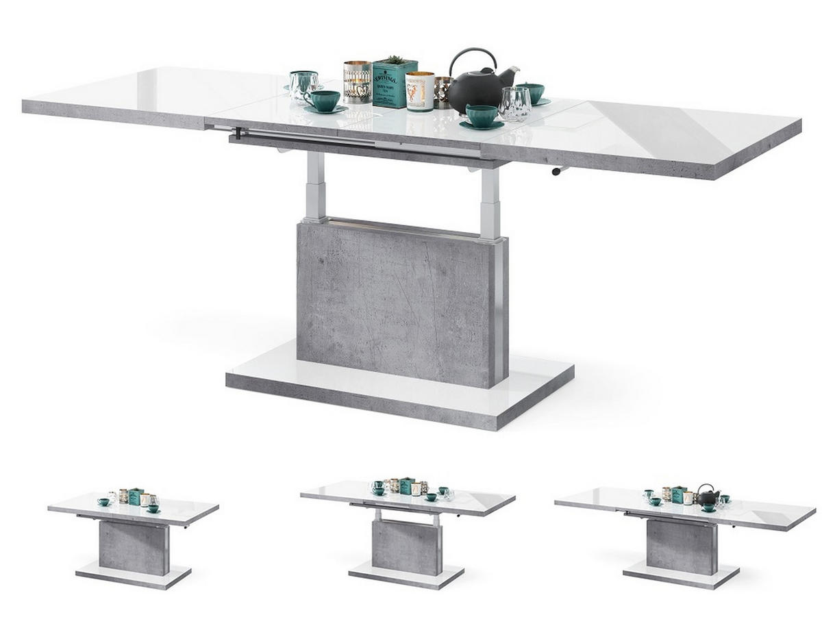 COUCHTISCH rechteckig Weiß Hochglanz - Beton ausziehbar höhenverstellbar - Weiß Hochglanz/Hellgrau, Holzwerkstoff (70/120/56cm) - designimpex