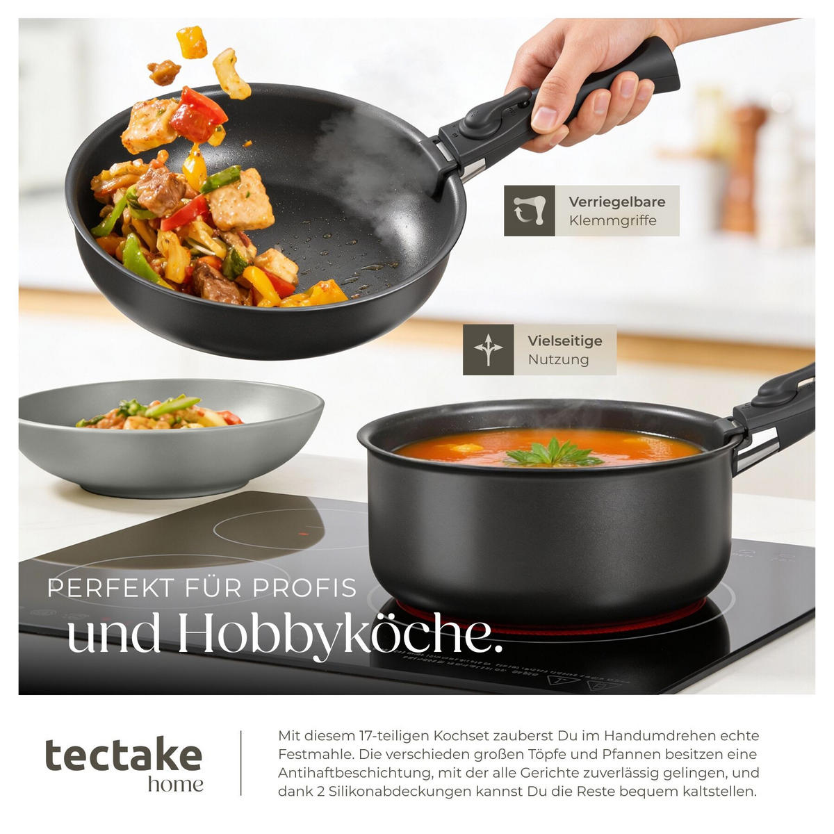 KÜCHENSTARTERSET 41er Set Una/Parma, inklusive Topfschonern und anklemmbaren Griffen, grau/schwarz - Schwarz/Grau, Keramik (30/8.5/46.5cm) - tectake