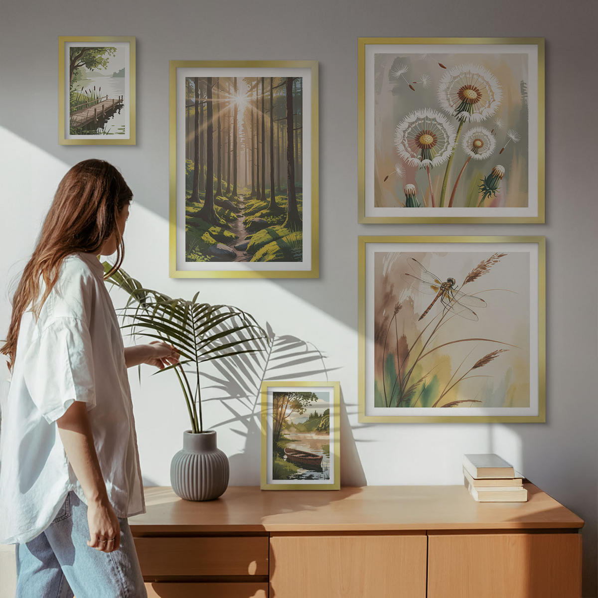 BILDER SET 5er Set - 50x50 cm & 20x30 cm & 40x60 cm Goldrahmen - See, Wald, Boot, Morgennebel - Goldfarben, Kunststoff (40/60cm) - TULUP