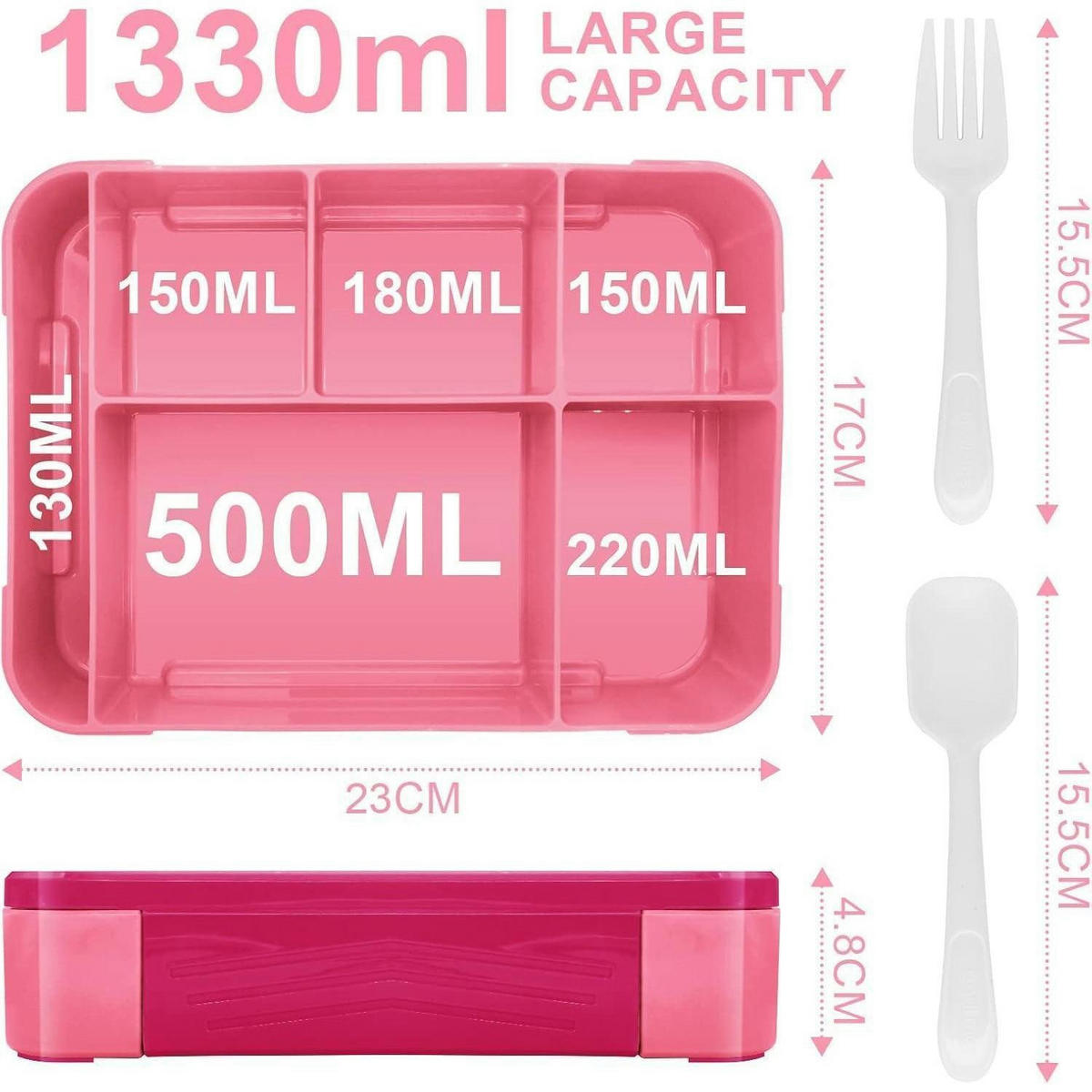 BROTDOSE Kinder mit 5 Fächern, 1300ml, auslaufsicher, Pink - Pink, Kunststoff (17/4.8/23cm)