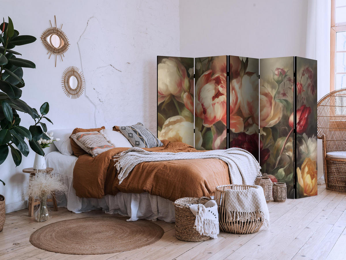 PARAVÁN Jednostranný 5-dielny 225x172 cm Kvitnúce Pivonky - viacfarebná, drevo/textil (225/172/3cm) - Muralo